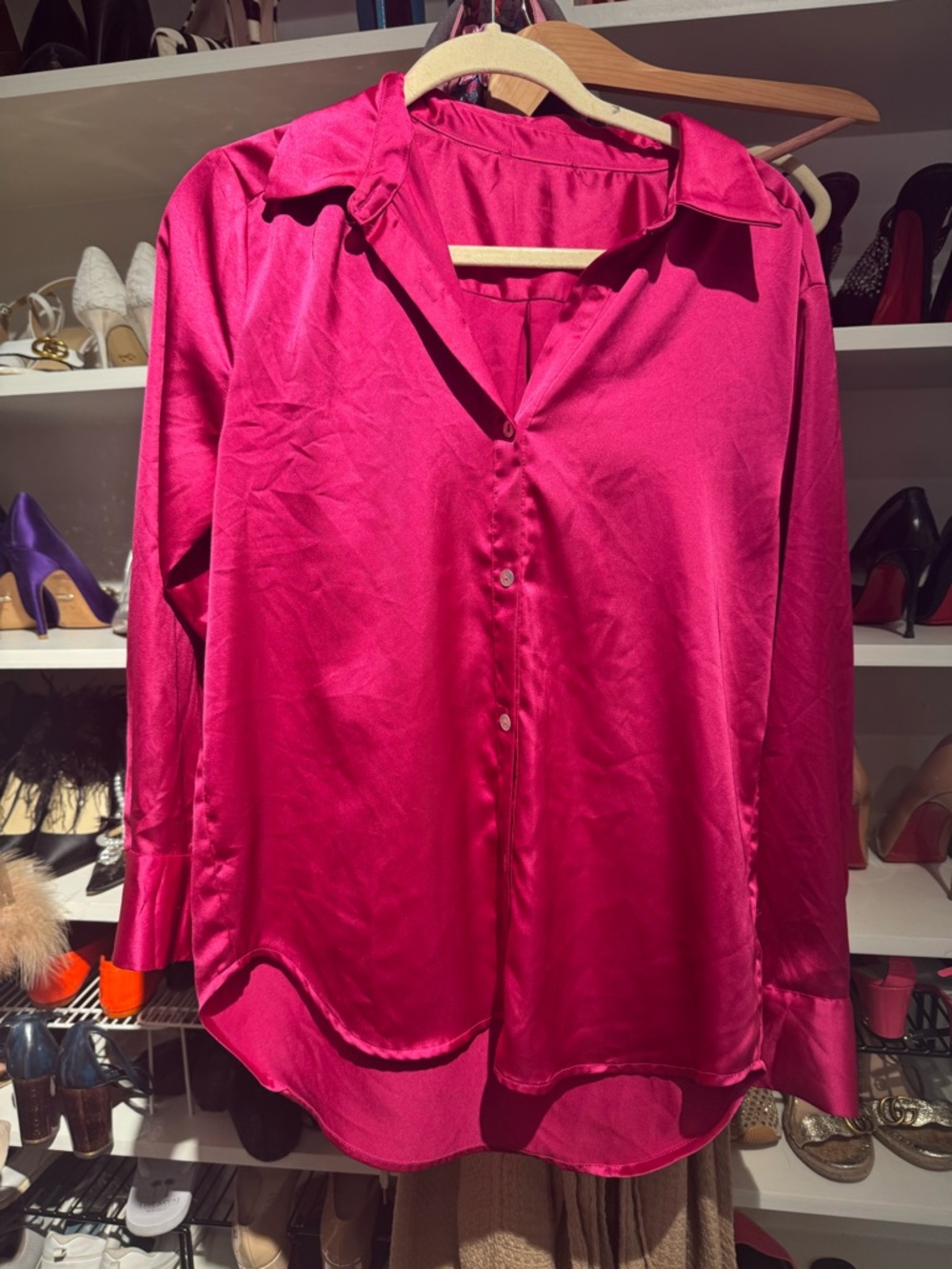 Women's Satin Button-Down Shirt - Magenta